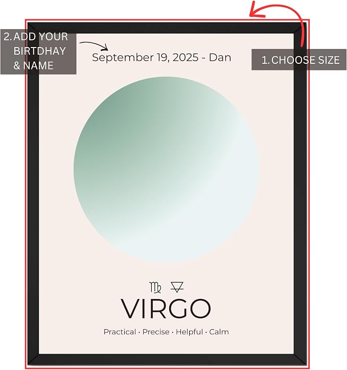 Wownic custom Virgo poster guide showing choose size and add birthday and name