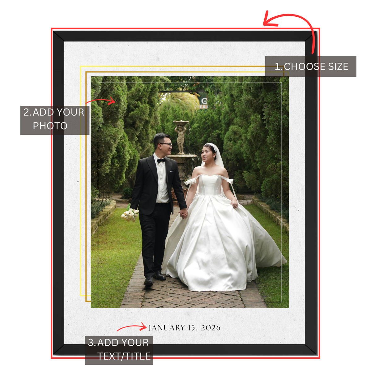 Wownic wedding photo poster customization guide showing choose size, upload photo and add custom text or date