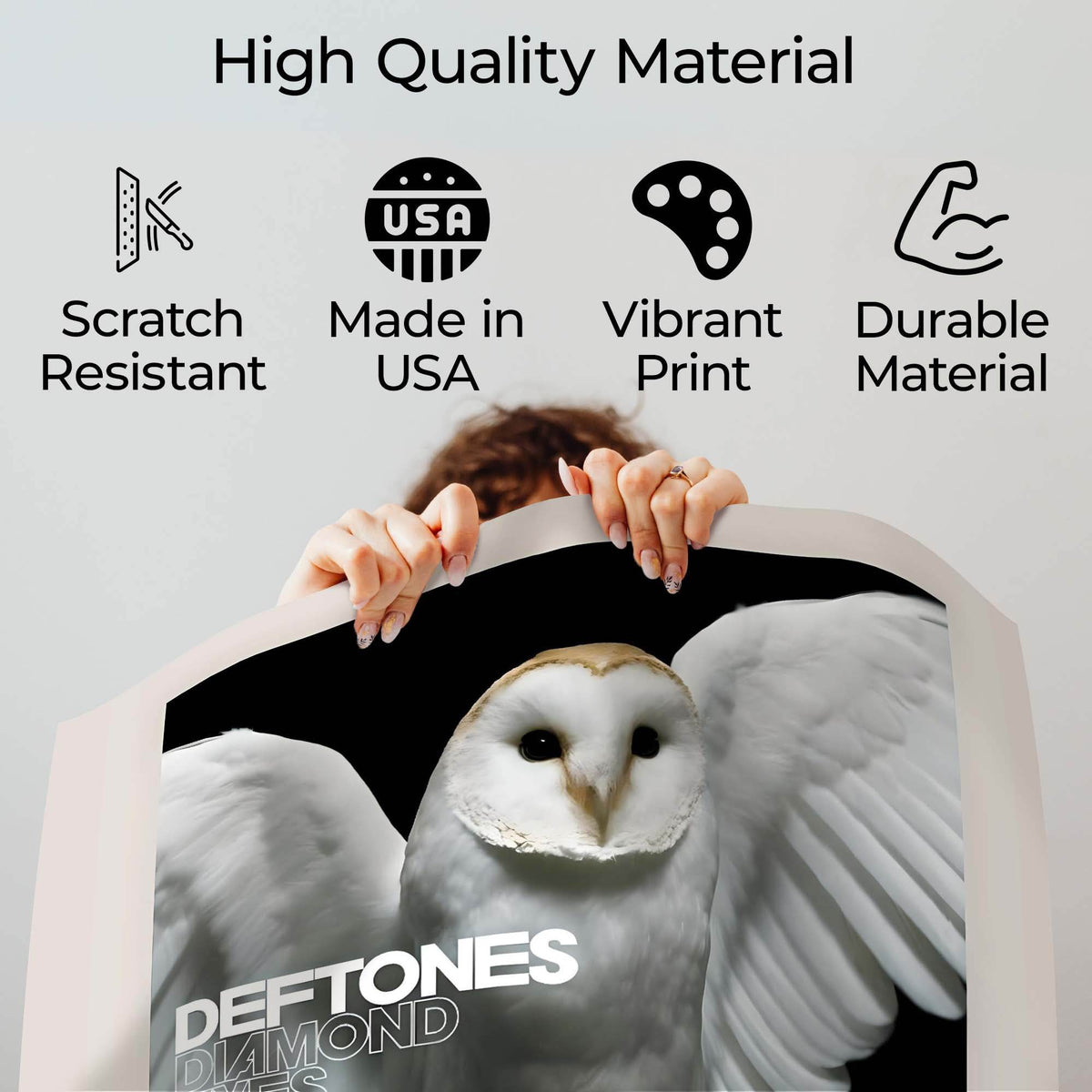 Wownic Diamond Eyes poster quality guide showing scratch-resistant material, Made in USA, vibrant print and durable construction