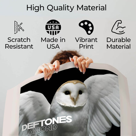 Wownic Diamond Eyes poster quality guide showing scratch-resistant material, Made in USA, vibrant print and durable construction