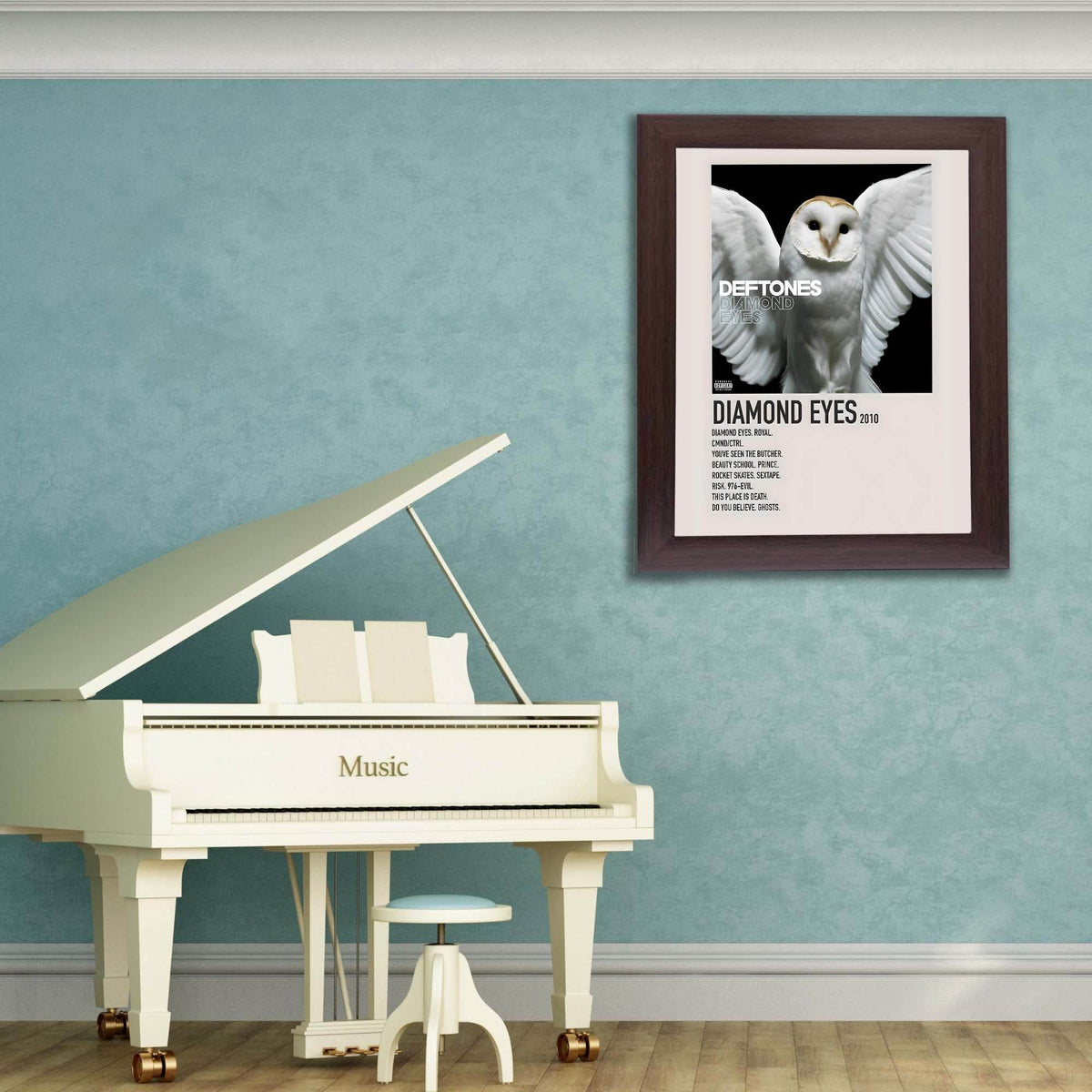 Wownic Diamond Eyes music poster displayed as framed wall art in a music room above a piano