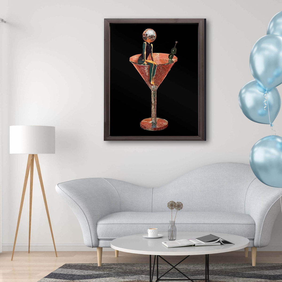Wownic Disco Martini wall art displayed as framed retro cocktail decor above a modern sofa