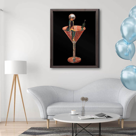 Wownic Disco Martini wall art displayed as framed retro cocktail decor above a modern sofa