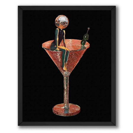 Wownic Disco Martini poster featuring a mirrored disco-ball figure seated on a martini glass against a black background
