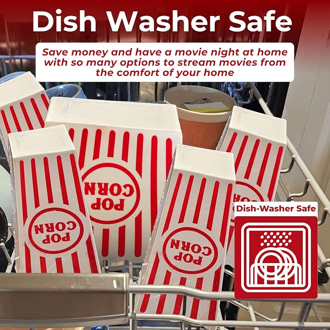 Wownic reusable red and white popcorn bins shown dishwasher safe