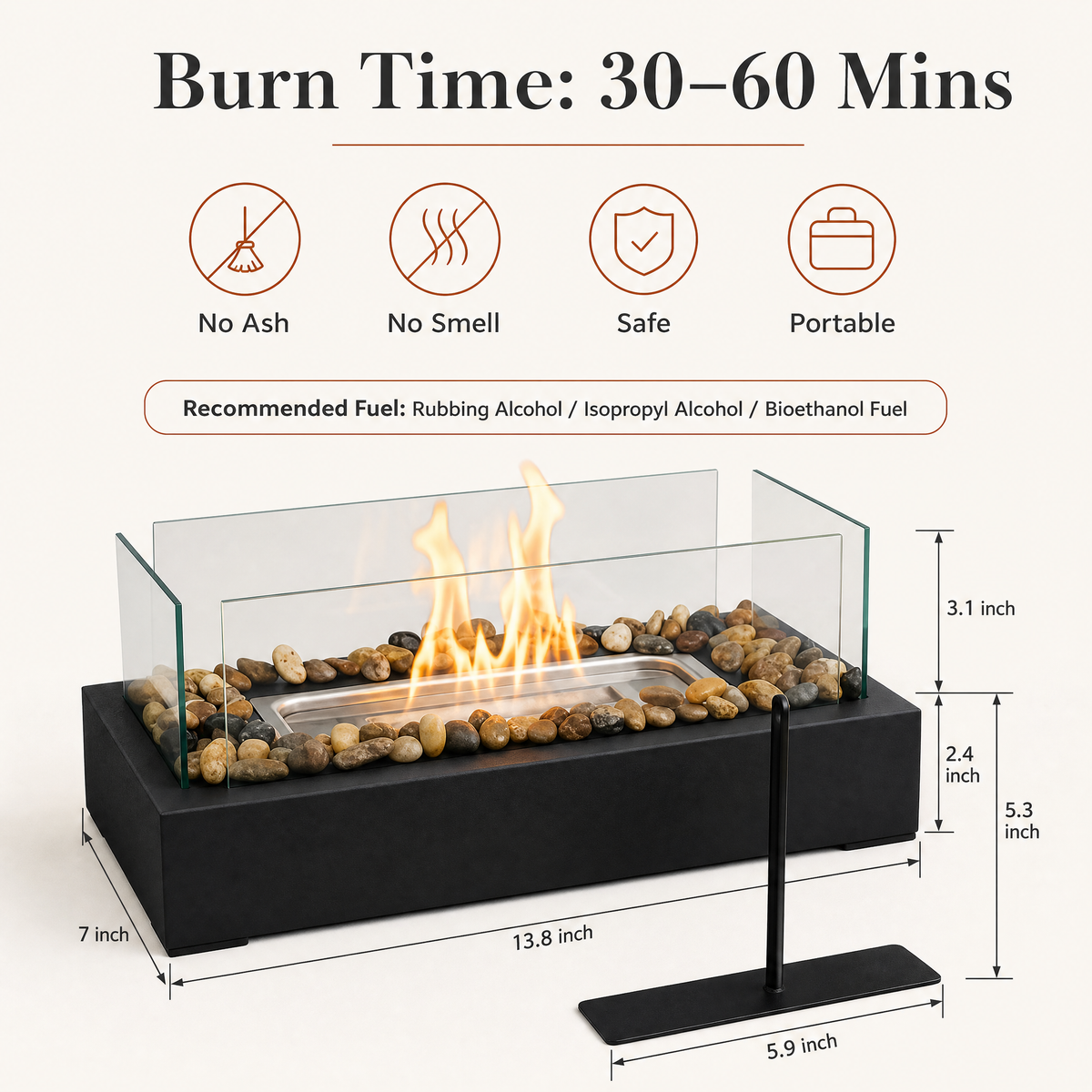 Wownic East Flame tabletop fireplace with 30 to 60 minute burn time and approximately 13.8 by 7 inch footprint