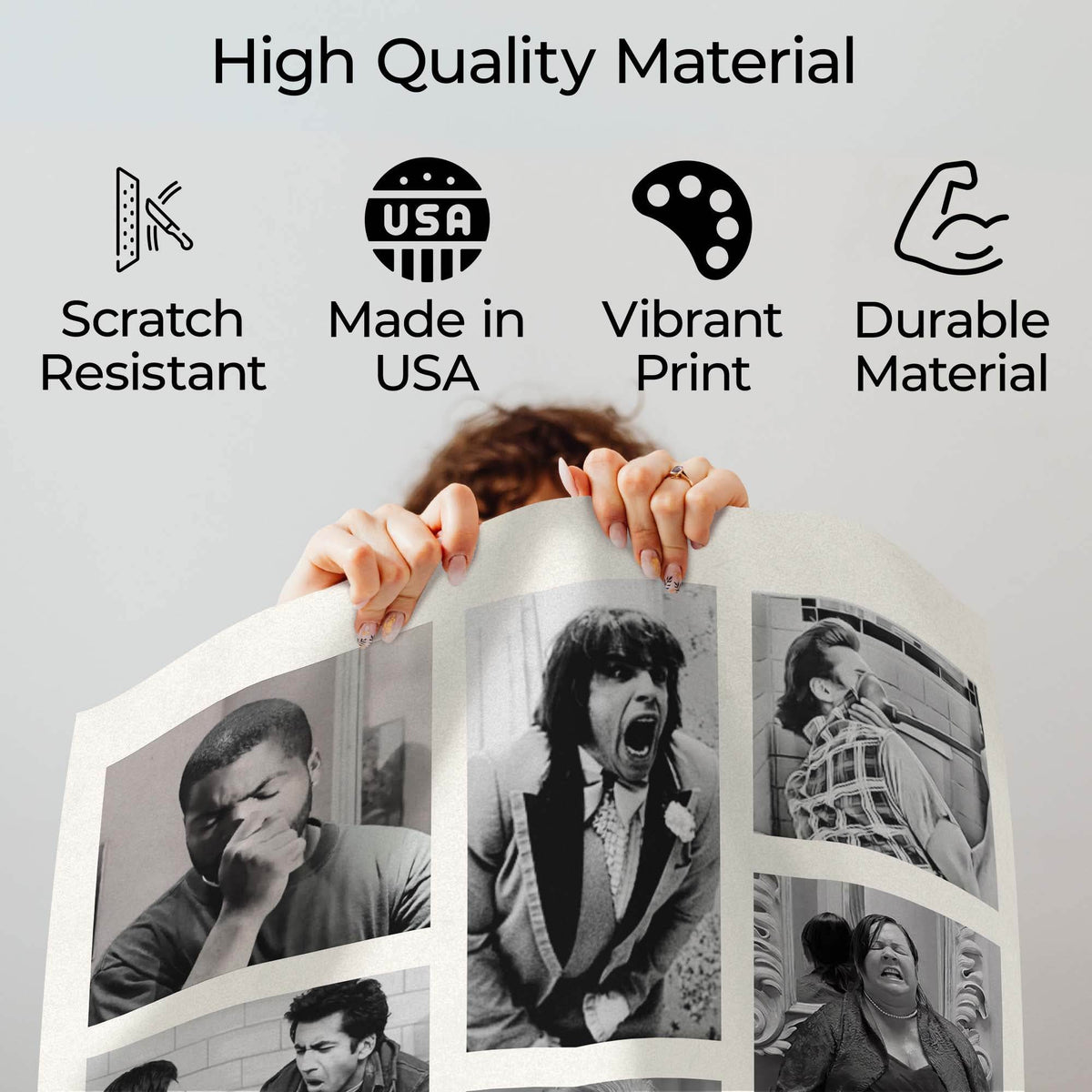 Wownic expression collage poster quality guide showing scratch-resistant material, Made in USA, vibrant print and durable construction