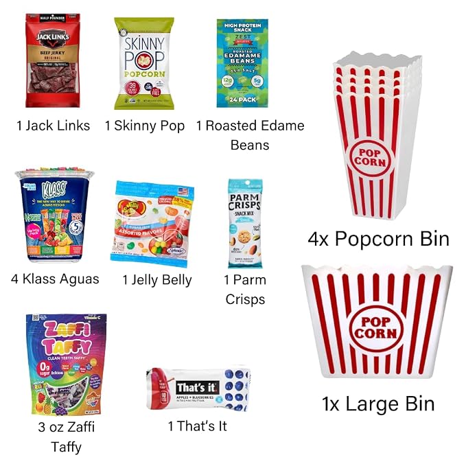 Wownic family movie night gift set contents with four small popcorn bins one large bin and assorted snacks