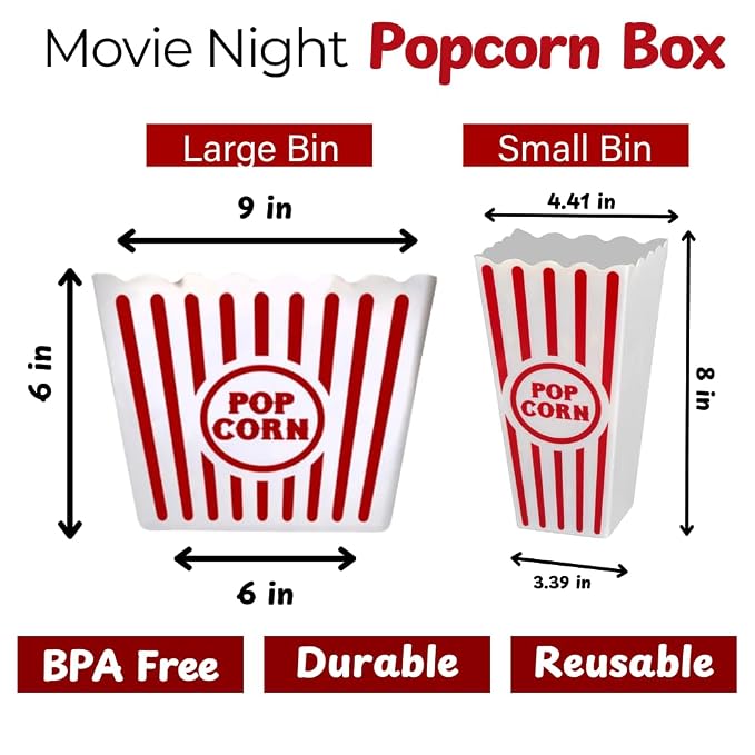 Wownic family movie night reusable large and small popcorn bins with dimensions