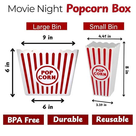 Wownic family movie night reusable large and small popcorn bins with dimensions