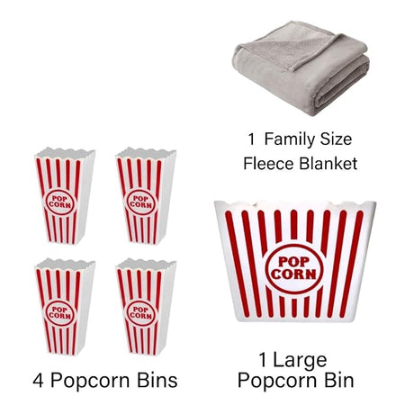 Four small popcorn bins one large popcorn bin and family size fleece blanket
