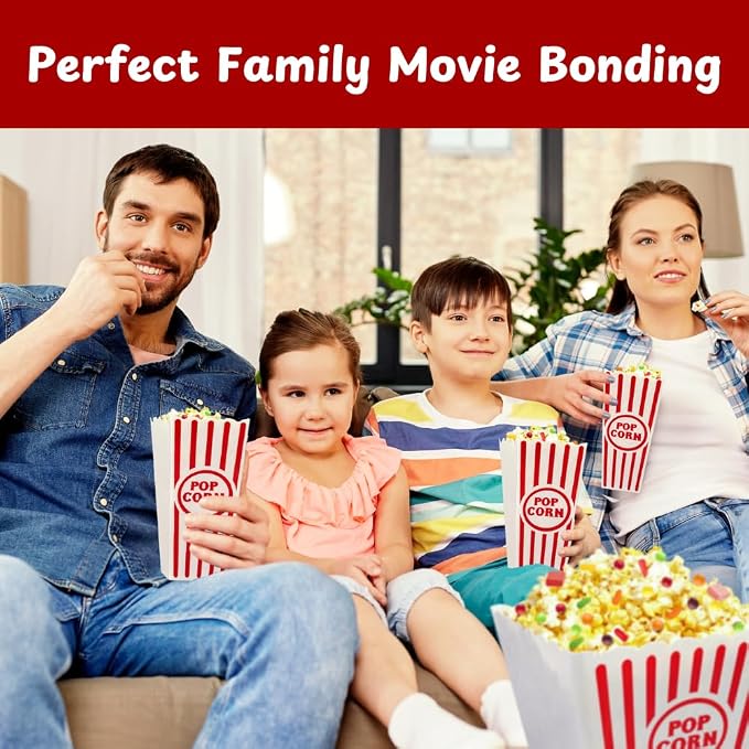 Family enjoying movie night with reusable popcorn containers