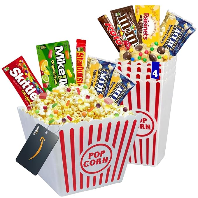 Wownic family movie night gift basket with popcorn candy reusable bins and movie gift card