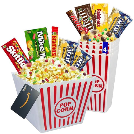 Wownic family movie night gift basket with popcorn candy reusable bins and movie gift card
