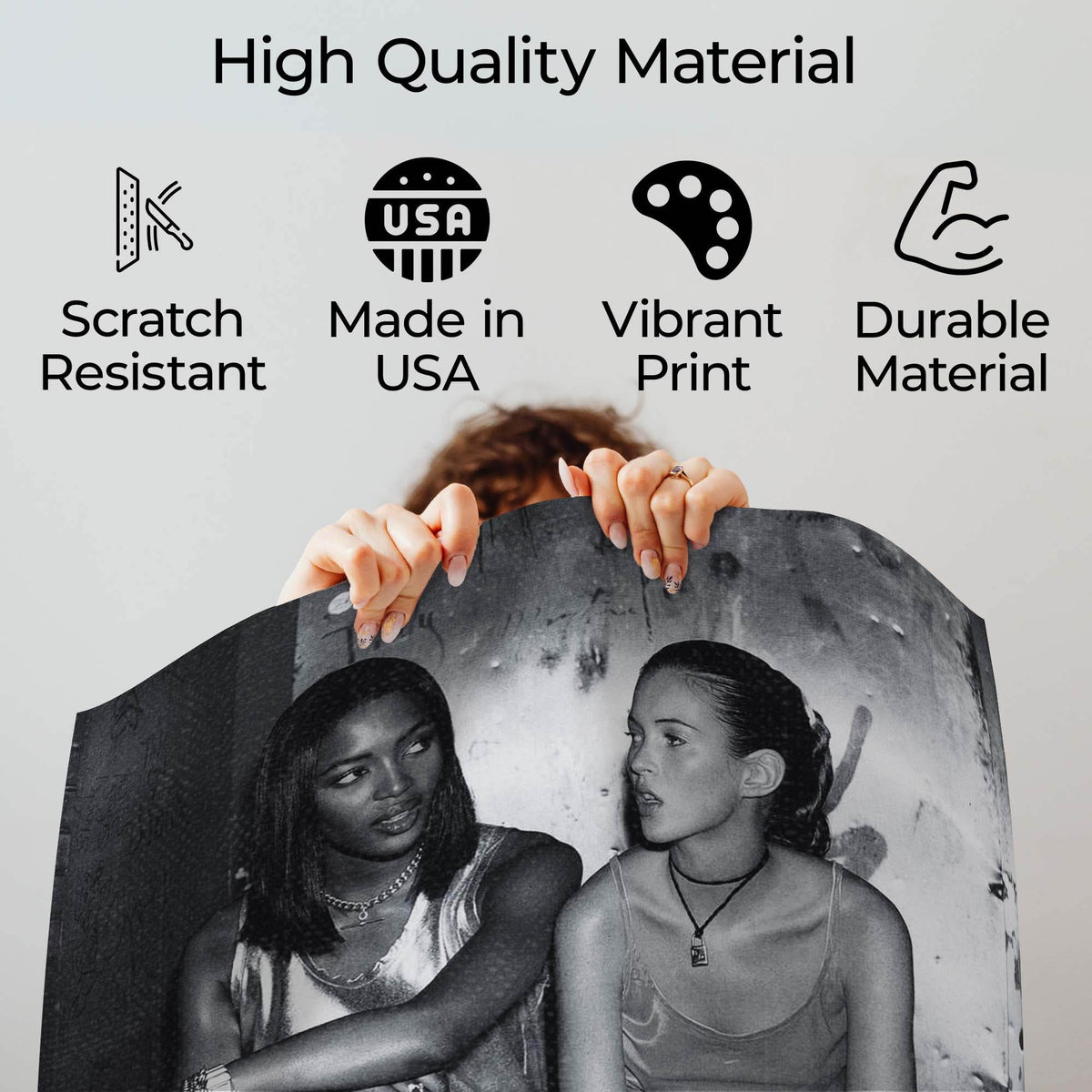 Wownic fashion icon poster quality guide showing scratch-resistant material, Made in USA, vibrant print and durable construction