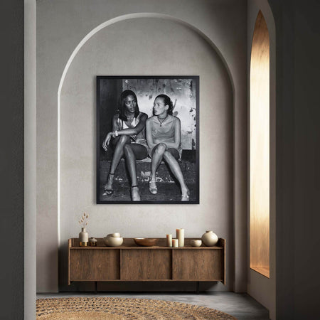 Wownic black-and-white fashion editorial wall art displayed as a framed poster above a modern wood console
