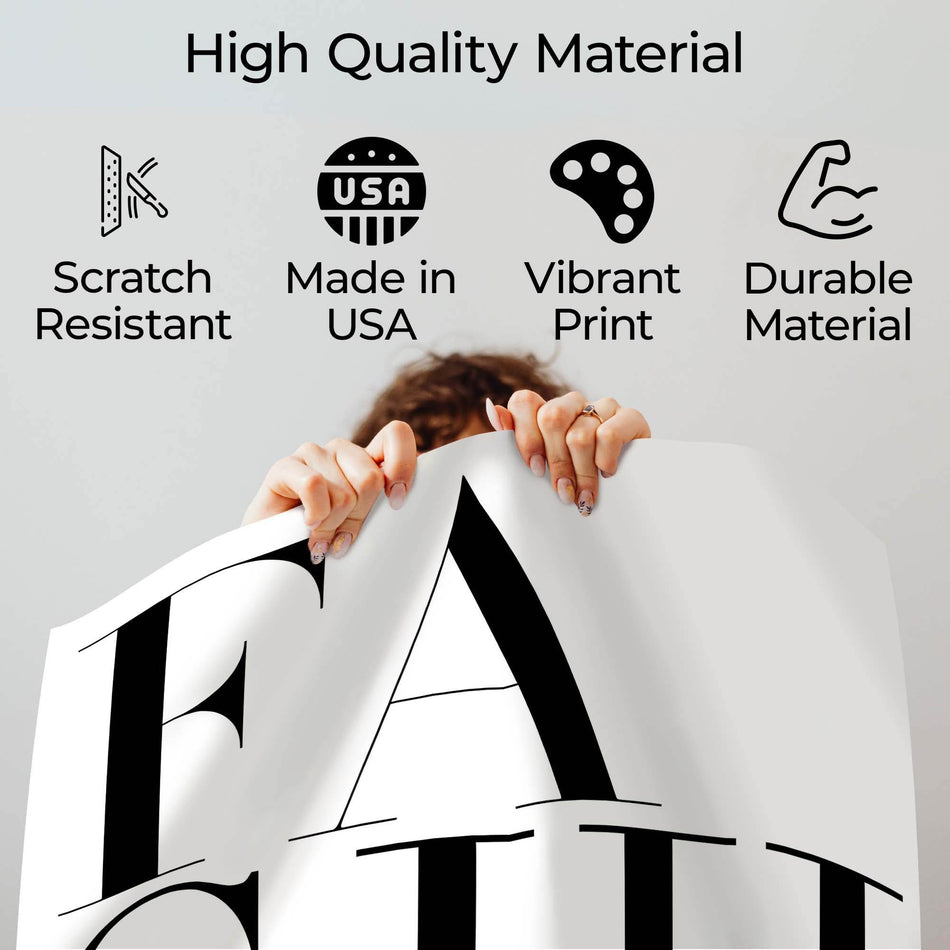 Wownic Fashion typography poster quality guide showing scratch-resistant material, Made in USA, vibrant print and durable construction