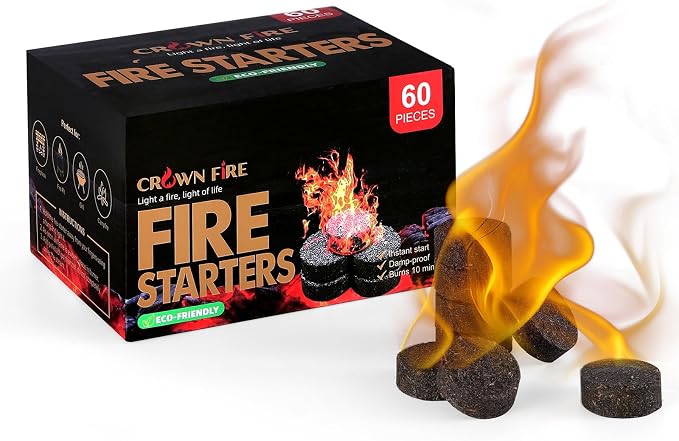 Wownic 60-piece fire starter discs displayed beside a compact stainless steel fire pit