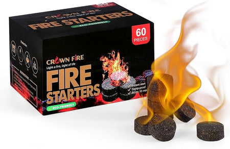 Wownic 60-piece fire starter discs displayed beside a compact stainless steel fire pit