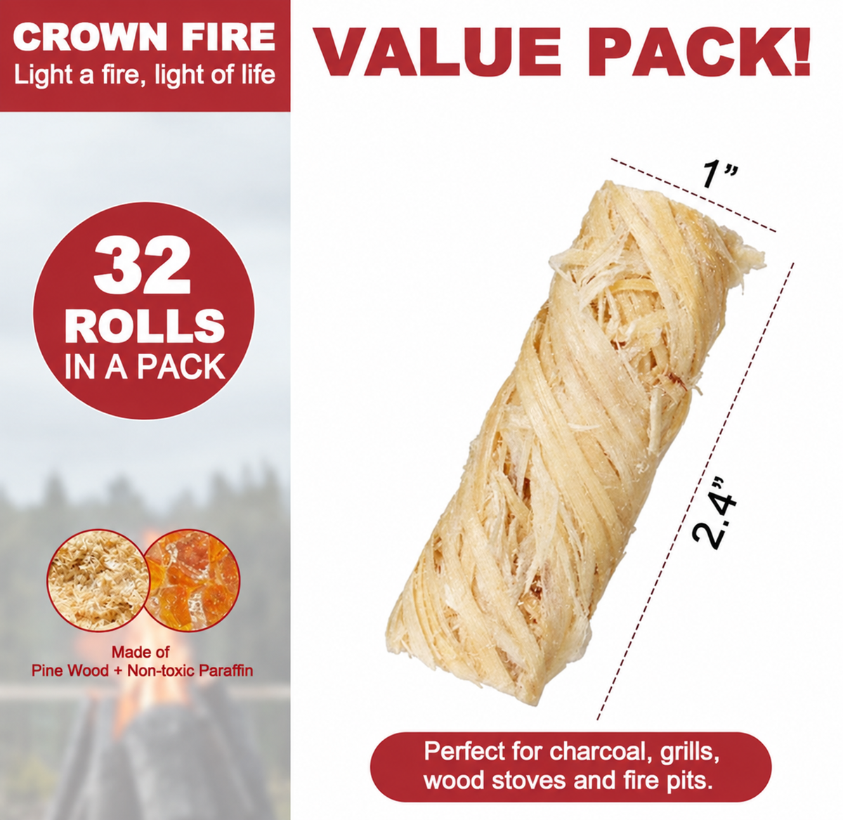 Wownic 32-pack fire starter rolls measuring approximately 2.4 inches long and 1 inch wide