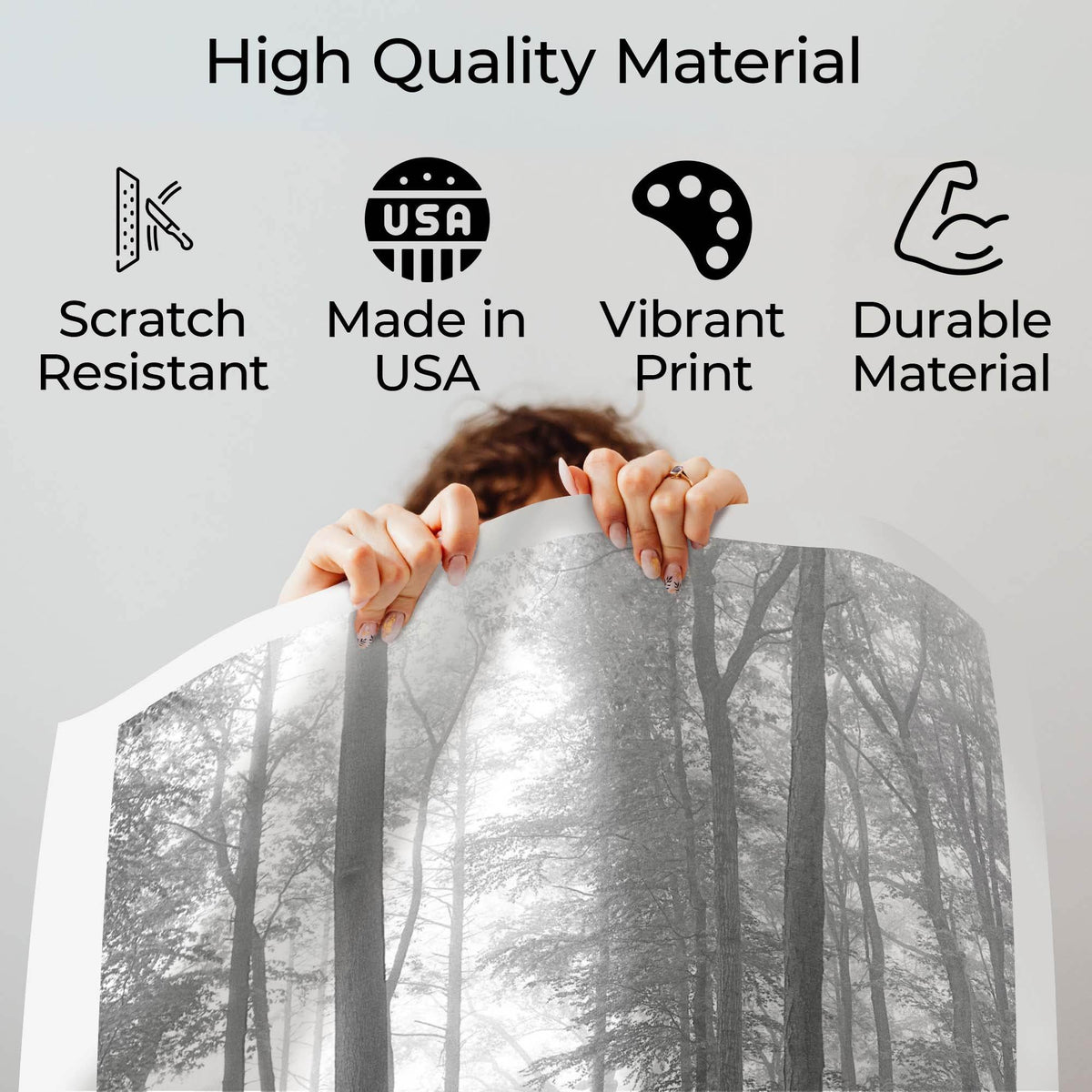 Wownic Folklore poster quality guide showing scratch-resistant material, Made in USA, vibrant print and durable construction