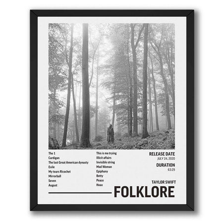 Wownic Folklore music poster featuring grayscale forest artwork, Taylor Swift album title and track-list layout