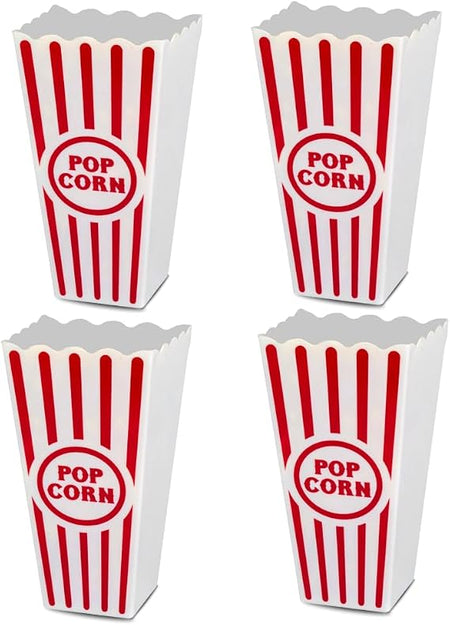 Four Wownic small red and white striped reusable popcorn containers