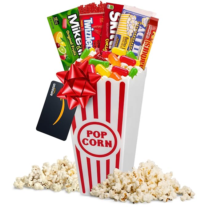 Wownic fruity candy and popcorn movie night gift basket with gift card and reusable popcorn bin
