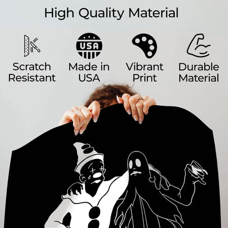Wownic gothic cartoon poster quality guide showing scratch-resistant material, Made in USA, vibrant print and durable construction