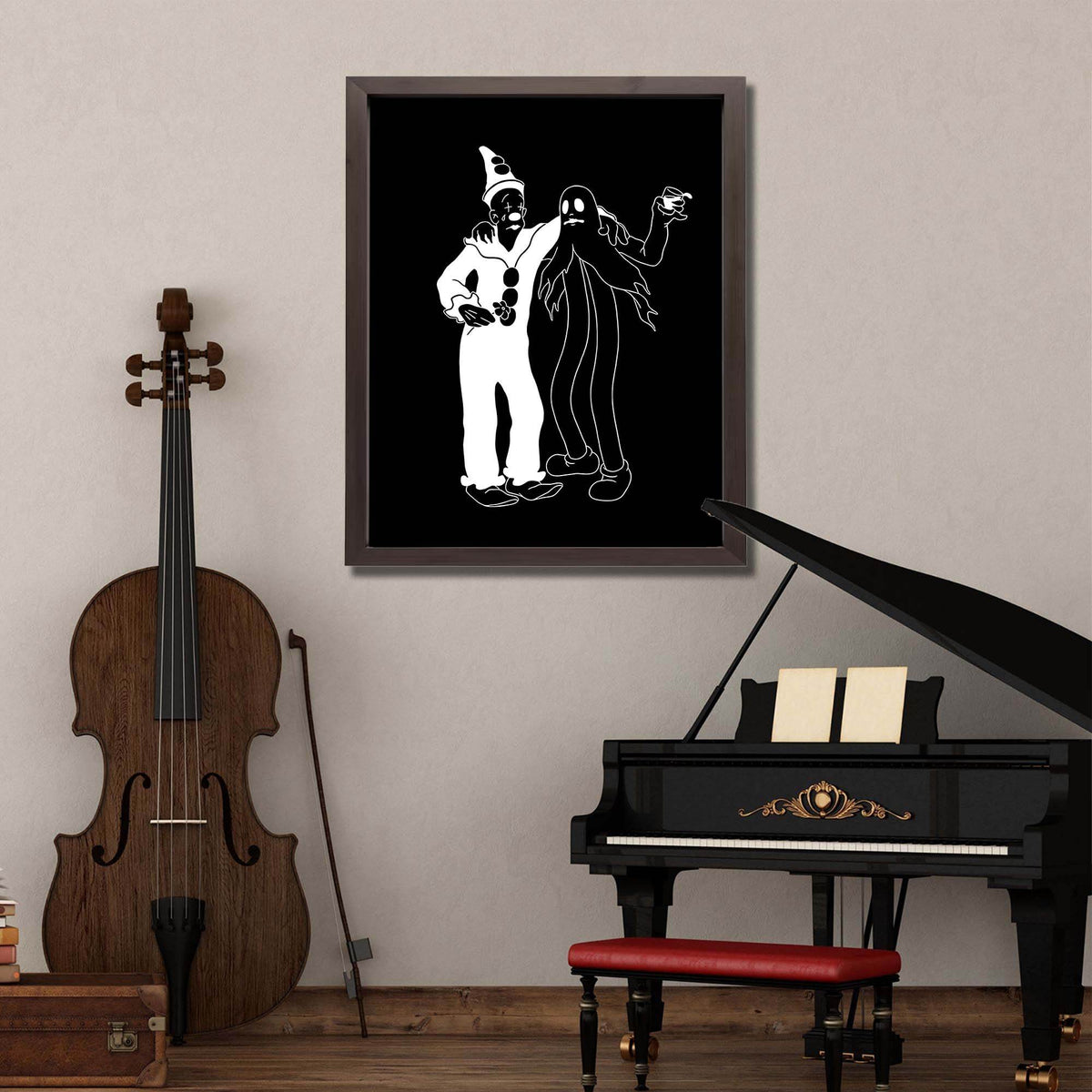 Wownic gothic cartoon wall art displayed as framed black-and-white decor in a music-inspired interior