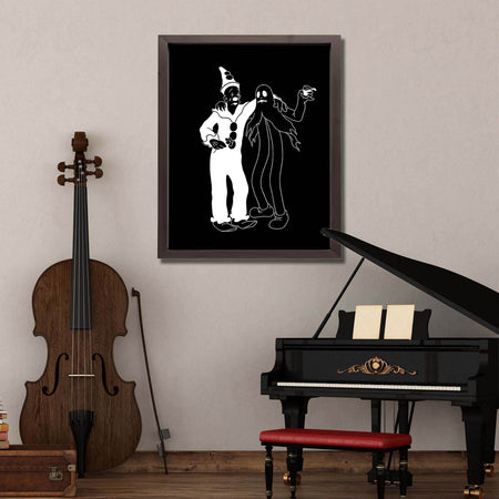 Wownic gothic cartoon wall art displayed as framed black-and-white decor in a music-inspired interior