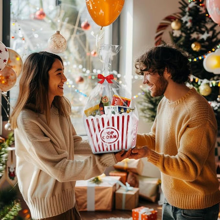 Couple exchanging a movie night gift basket during the holidays