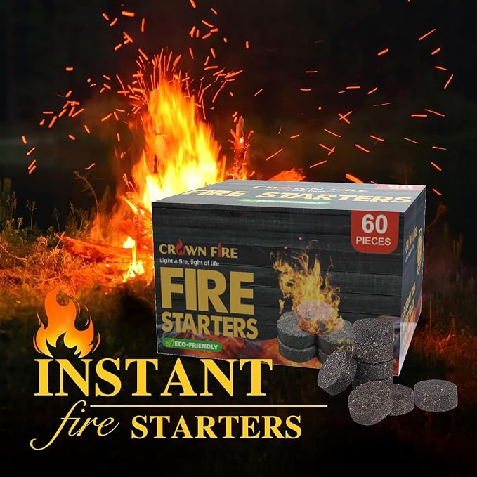 Wownic instant fire starter discs 60 pack shown with an outdoor campfire