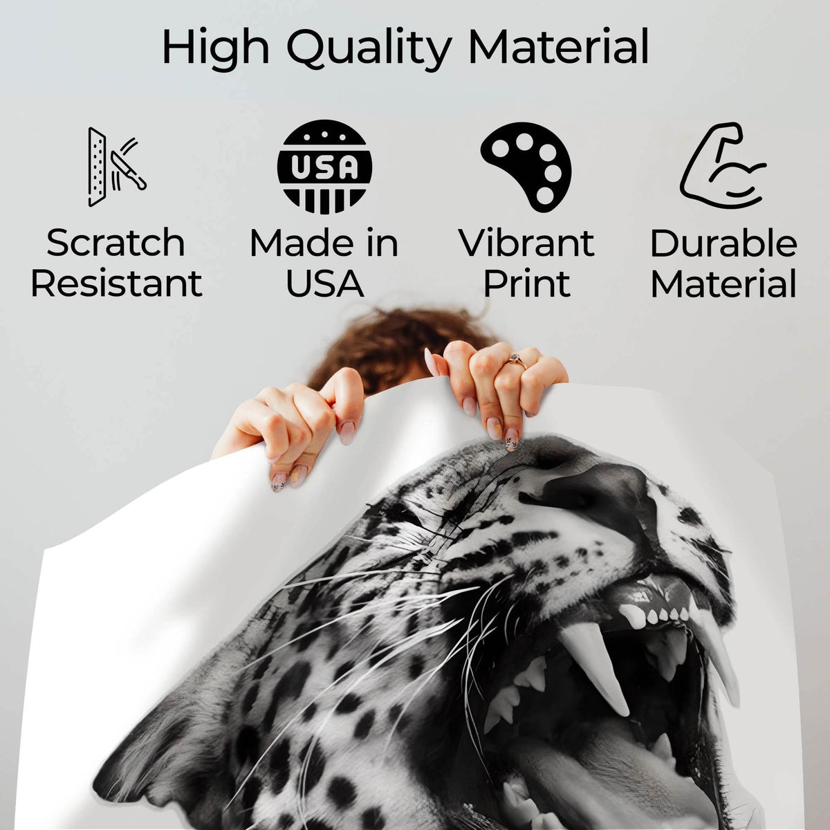 Wownic jaguar poster quality guide showing scratch-resistant material, Made in USA, vibrant print and durable construction