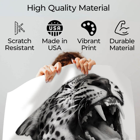 Wownic jaguar poster quality guide showing scratch-resistant material, Made in USA, vibrant print and durable construction