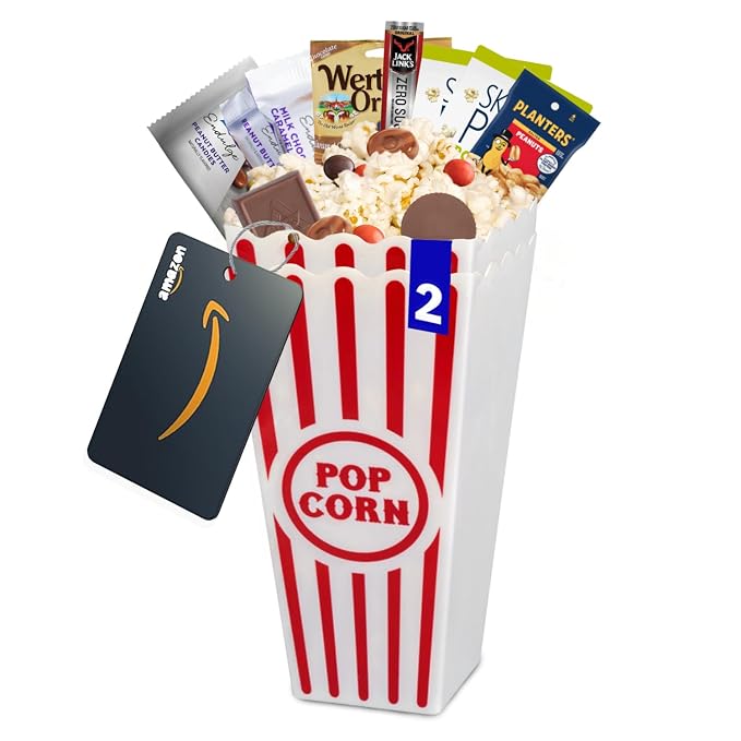 Wownic 11 piece Keto Cravings movie night gift basket with snacks popcorn bins and movie rental gift card