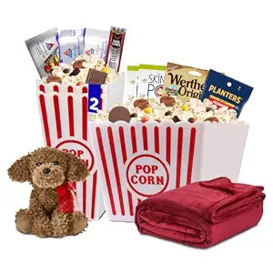 Wownic movie night gift basket with fleece blanket teddy bear popcorn bins and keto cravings snacks