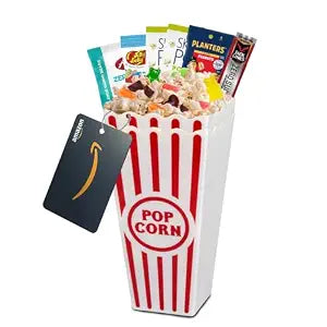 Wownic Keto Cravings Fruity movie night gift basket with snacks reusable popcorn bin and movie rental gift card