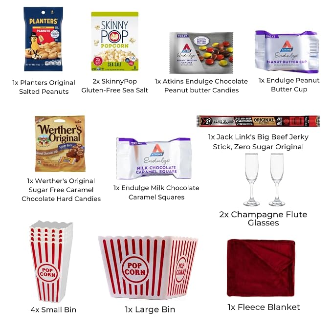 Wownic movie night gift basket contents with SkinnyPop sugar free treats jerky peanuts popcorn bins blanket and champagne flutes