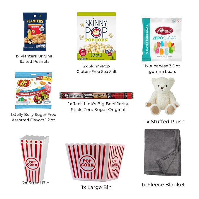 Wownic movie night gift basket contents including SkinnyPop jerky peanuts sugar-free candy teddy bear blanket and popcorn bins