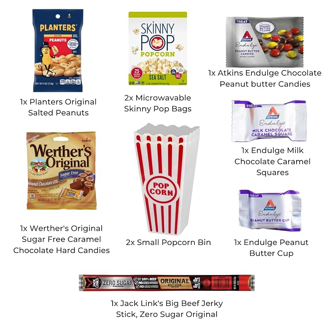 Wownic Keto Cravings gift basket contents with popcorn sugar-free treats jerky peanuts and two popcorn bins