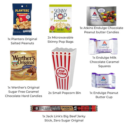 Wownic Keto Cravings gift basket contents with popcorn sugar-free treats jerky peanuts and two popcorn bins