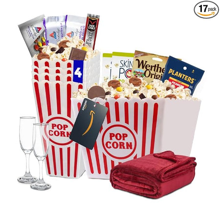 Wownic 17 piece Keto Cravings movie night gift basket with blanket snacks popcorn bins and champagne flutes