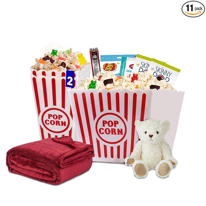Wownic Keto Cravings movie night gift basket with snacks fleece blanket teddy bear and reusable popcorn bins