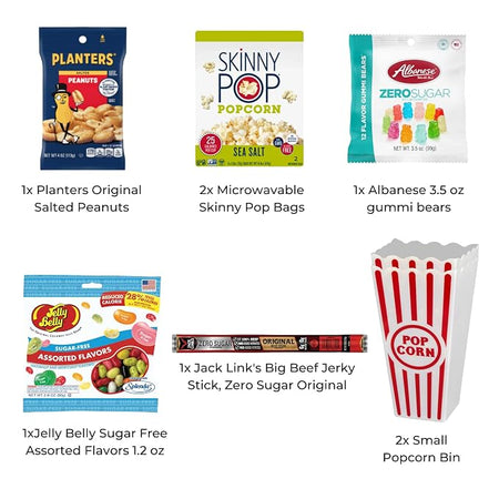 Wownic Keto Cravings Fruity gift basket contents with popcorn jerky peanuts sugar-free candy gummies and popcorn bins