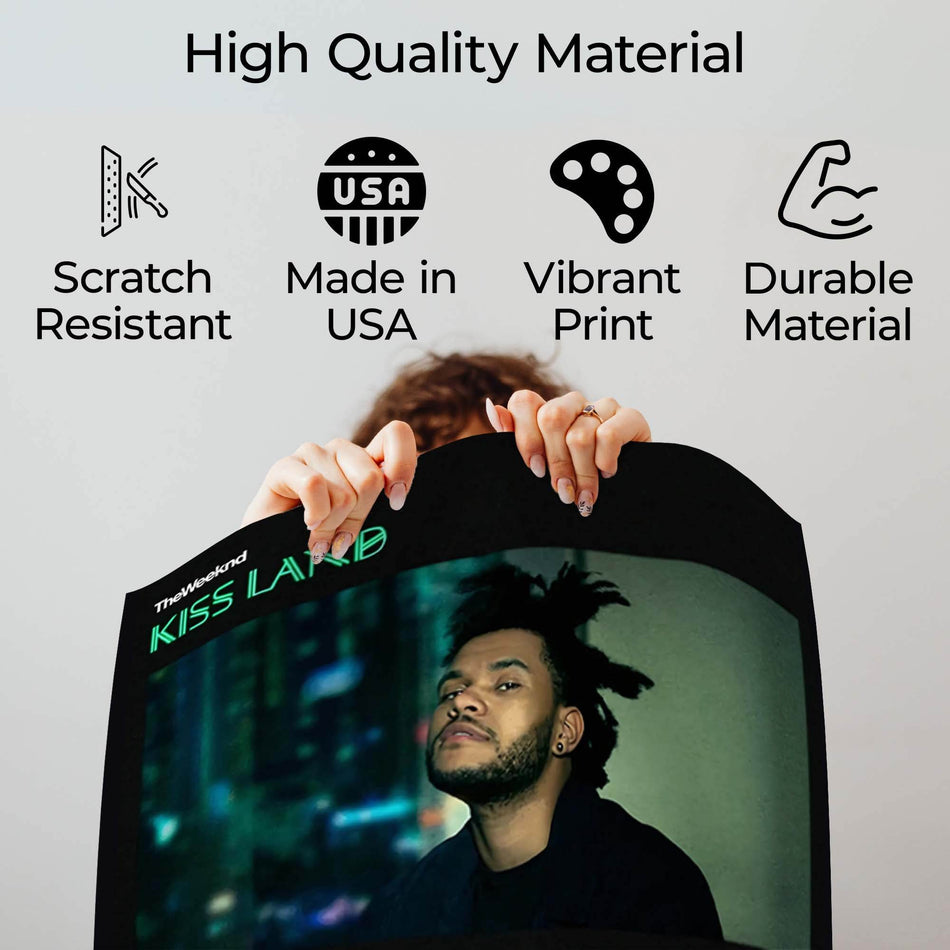 Wownic Kiss Land music poster quality guide showing scratch-resistant material, Made in USA, vibrant print and durable construction
