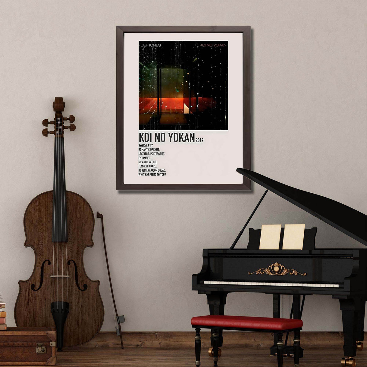 Wownic Koi No Yokan music poster displayed in a framed music room setting with piano and string instrument