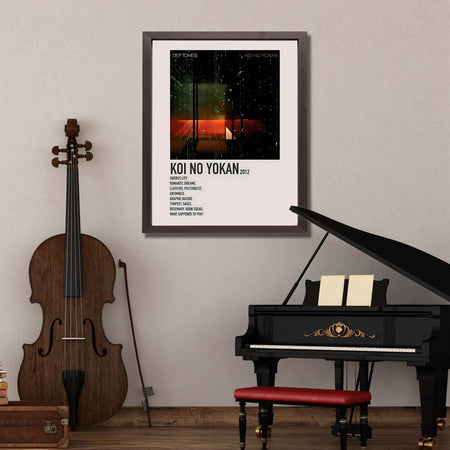 Wownic Koi No Yokan music poster displayed in a framed music room setting with piano and string instrument