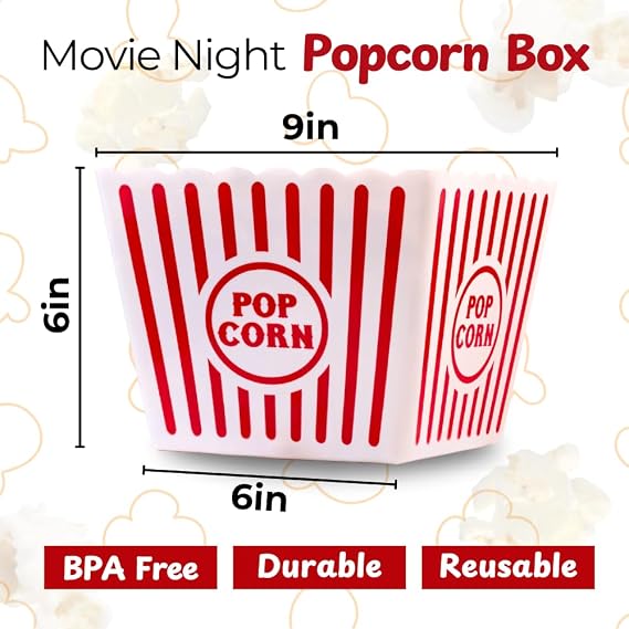 Wownic large movie night popcorn bucket measuring 9 inches wide and 6 inches tall