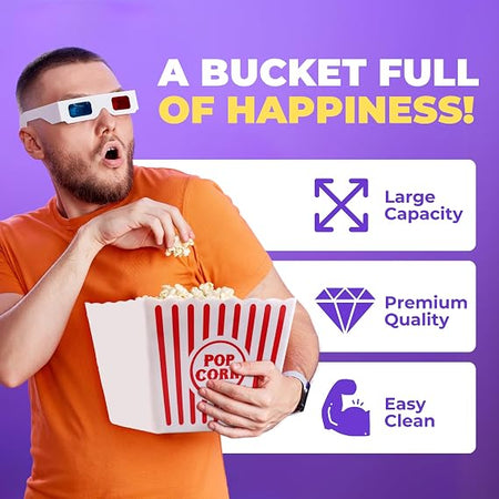 Large Wownic movie night popcorn bucket held while enjoying popcorn